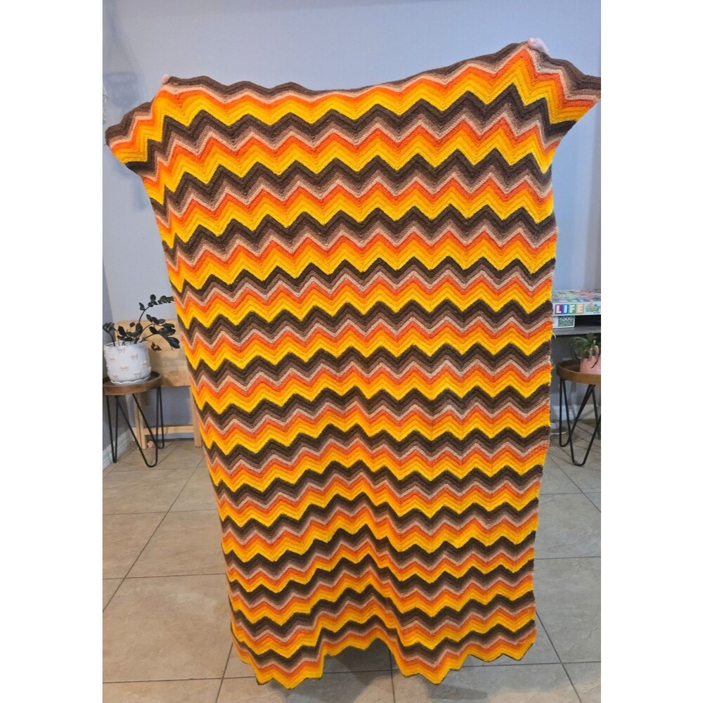 Vintage Chevron Retro Handmade Afghan Blanket Crochet Orange Brown Fall 52x35